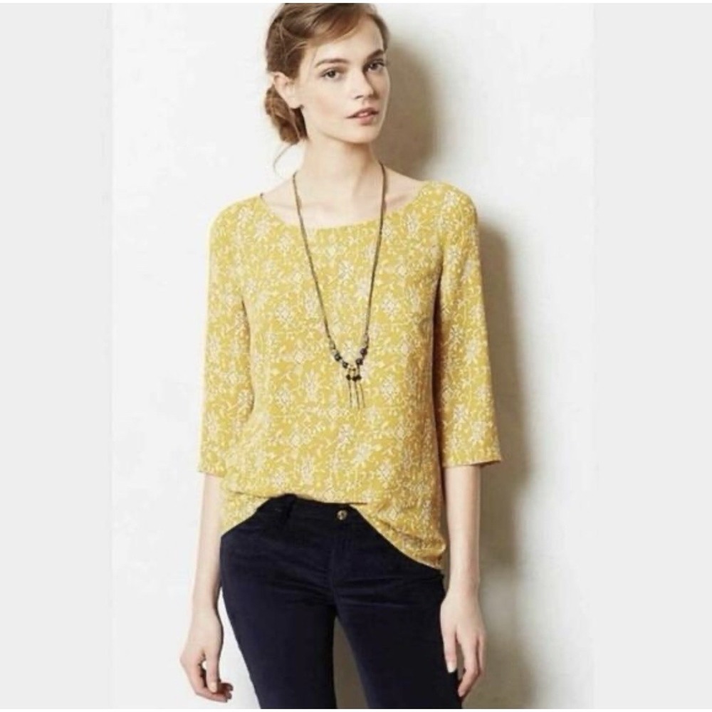 Anthro HD Paris Top women‎ Sz 8 Eira mustard yellow printed blouse  3/4 sleeve
